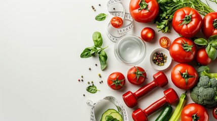 Diet plan, menu or program, tape measure, water, dumbbells and diet food of fresh vegetables on white background, weight loss and detox concept