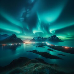 Northern Lights in green colors over mountains and lake 