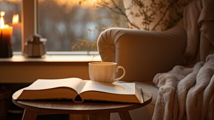 A cozy window seat with a cup of coffee and an open book.