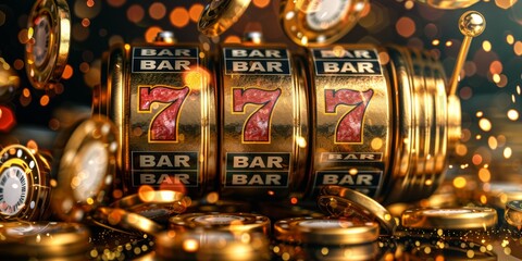 slot machine with gold coins - obrazy, fototapety, plakaty