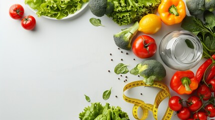 Diet plan, menu or program, tape measure, water and diet food of fresh vegetables on white background, weight loss and detox concept - 780735682