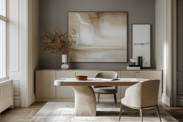 Sophisticated and serene home office with a modern cream desk, textured chairs, and abstract art...