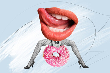 Creative trend collage of lick lips caricature spread legs erotic sexshop shopping concept weird...