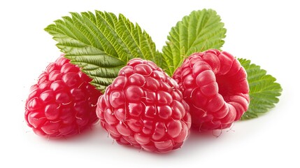 Three raspberries with leaves on a white background, natural food art
