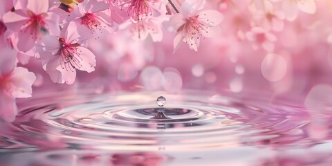 Naklejka na ściany i meble A water drop falling on the water surface with pink cherry blossoms blooming in the background, creating beautiful ripples and a bokeh effect, symbolizing springtime beauty, tranquility Generative AI