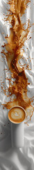 A cup of coffee spills on a white surface, creating an abstract splash pattern with brown droplets and streaks.	
