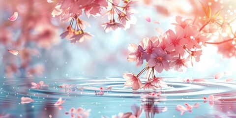 A serene spring background with cherry blossoms and water ripples, perfect for creating an enchanting atmosphere in your designs Generative AI