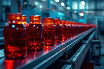 Red bottles on conveyor belt in industrial factory production line, manufacturing process, automation system in manufacturing industry