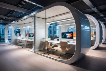 Futuristic office pods with sleek white desks, ergonomic chairs, and curved glass walls in a modern workspace environment
