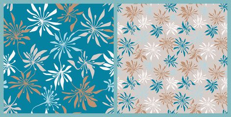 Seamless floral vector take set concise three color handmade ink drawing companion for fabric design, decor, ceramics, greeting cards, flowers, texture print for backgrounds design