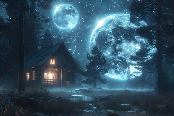 Paisaje nocturno con luna grande e iluminada - obrazy, fototapety, plakaty