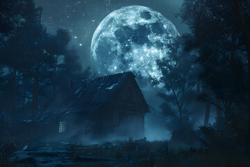 Paisaje nocturno con luna grande e iluminada