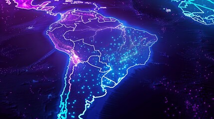 A striking neon digital representation of the Americas from a satellite perspective, emphasizing connectivity and technology
