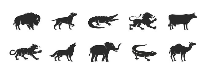 Wild Animals logo set. Animals elements for logo, emblem, label design. Buffalo, Dog, Alligator, Lion, Wolf, Tiger, Elephant silhouettes. Vector illustration.  - obrazy, fototapety, plakaty
