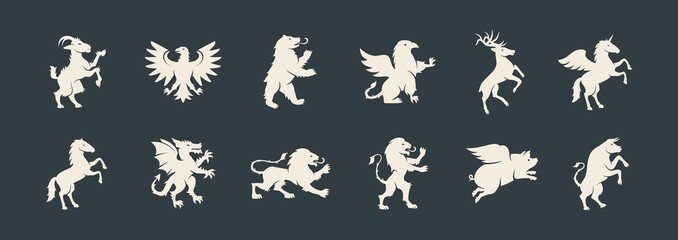 Animals elements for Coat of Arms, Crest design. Heraldic animals set. Dragon, Goat, Bull, Lion, Eagle, Deer, Griffin, Bear, Horse silhouettes. Vector illustration. 