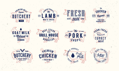 Butchery, Grill, Dairy badges, stamps and poster set. Chicken, Cow, Goat and Pig emblems. Vintage poster templates. Vector Illustration