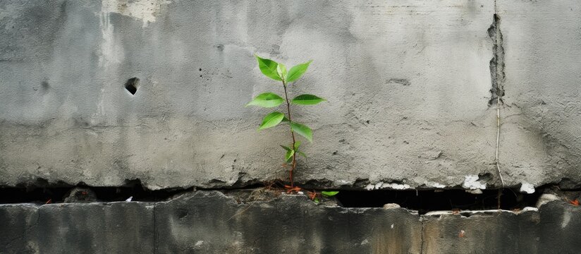 Wild plant growing on street wall represents loneliness, pride, strength in disadvantaged area's natural habitat.