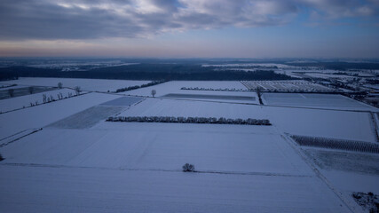 Snow-covered winter landscape with fields and trees around Weiterstadt captured with a drone on a winter evening - obrazy, fototapety, plakaty