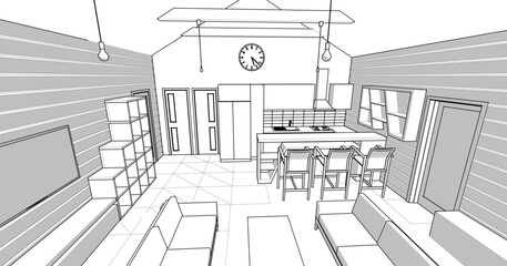 interior of a wooden house kitchen living room