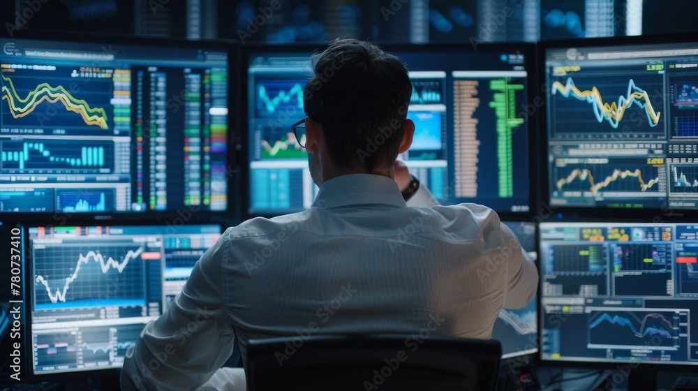 Aufkleber professional stock trader monitoring market data on multiple screens in a dark office