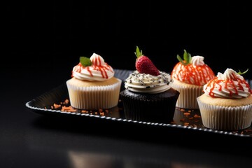 Refined cupcakes on a slate plate against a dark background