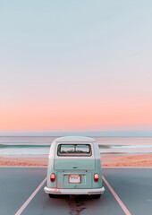 Vintage van parked by the beach at sunset with pastel sky