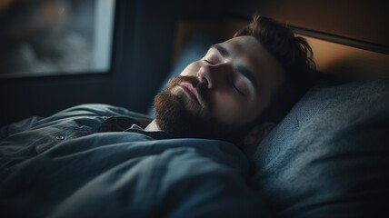 Fototapeta na wymiar Bearded man sleeping peacefully in a dark room.