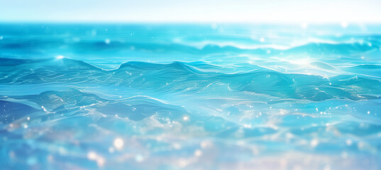 Serene Ocean Waves Glistening Under a Clear Blue Sky on a Sunny Day. Gentle waves ripple across the surface of the ocean, reflecting the sunlight in a myriad of sparkling lights. The clear blue sky. - obrazy, fototapety, plakaty