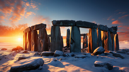 A Glorious Winter Solstice Sunrise at Stonehenge Where The Sun is Still Low and the Light Streaming Between The Monument Blocks - obrazy, fototapety, plakaty