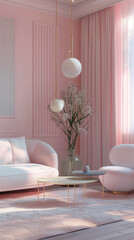 Modern living room in pastel tones. Pink interior with soft lighting. Clean, luxurious design, 3D rendering.