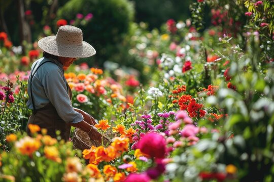 Flower garden, A gardener tending to a lush, colorful flower garden, AI generated