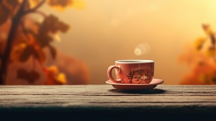 A ceramic cup with a landscape design on a wooden table against an autumn backdrop.