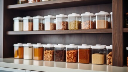 Well-organized pantry shelves with clear containers of dry goods.