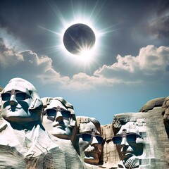 Mount Rushmore National Memorial shows the four presidential sculptures wearing protective sunglasses during the total eclipse