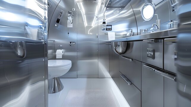 Futuristic silver spacecraft interior corridor design with bright lighting. Conceptual sci-fi spaceship hallway. Modern, sleek space travel setting. AI