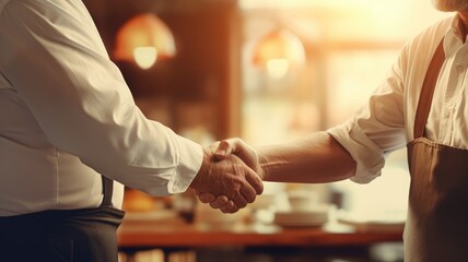 Two people shaking hands in a restaurant setting, conveying a deal or agreement.