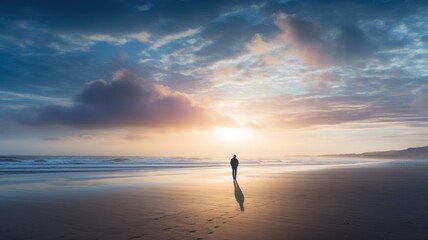 A solitary figure walks on a beach during a serene sunset.