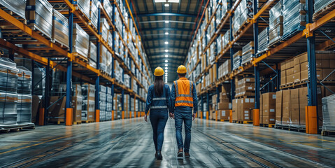 Two warehouse workers in protective gear walk through the aisles of a modern warehouse - obrazy, fototapety, plakaty