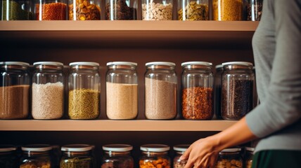 Glass jars filled with various food ingredients on a wooden kitchen shelf.