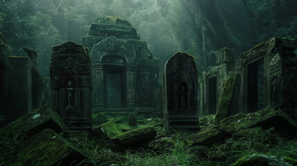 Mystical temple hidden deep in the jungle, its ancient stones echoing tales of ancient rituals and legends