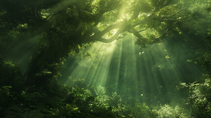 Mystical Forest Enchantment, Sunlight filtering through lush green trees in a mystical forest