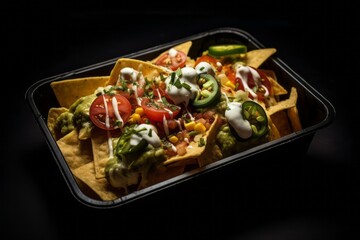Tasty nachos in a bento box against a dark background