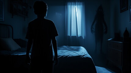 silhouette of a boy stands in a dimly lit room facing a window with an enigmatic figure