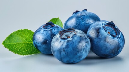Obraz premium Closeup Blueberries, a type of fruit, with green leaves on a white background