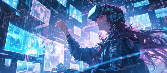 A girl wearing a VR headset is surrounded by floating holographic screens and futuristic elements in the background.