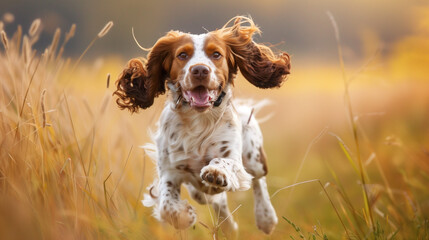 Energetic Springer Spaniel Running Blissfully Through Tall Golden Grass - Capturing the Spirit of Adventure in Dog's Playtime