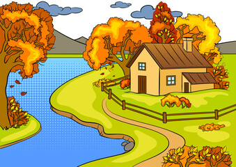 Autumn landscape pop art PNG illustration