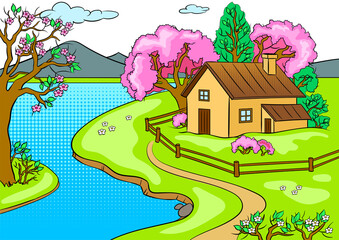 Spring landscape pop art PNG illustration