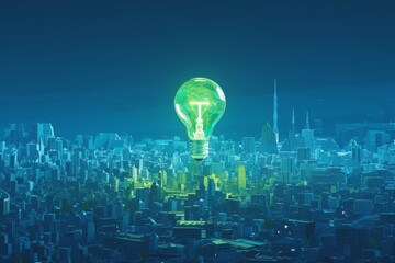 A light bulb glowing green in the center of an illuminated cityscape, symbolizing sustainable energy and environmental friendliness.