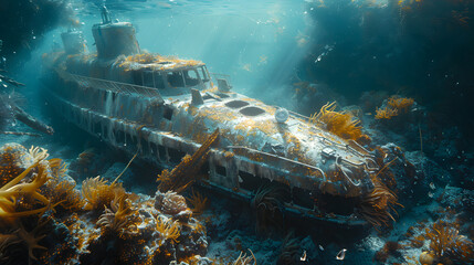 An old, rusted boat is underwater, covered in seaweed, and surrounded by a coral reef. The sun shines through the water above it.